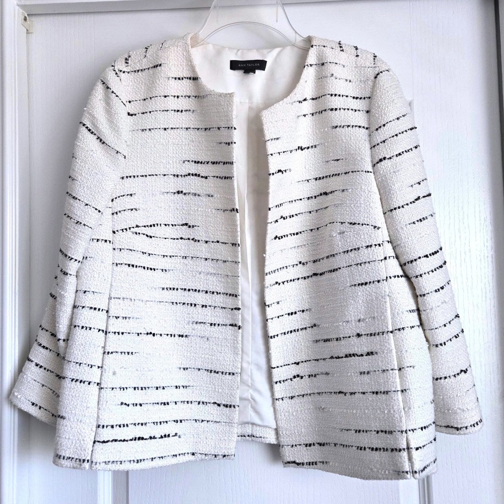 Ann Taylor Ivory Black Striped Tweed Open Front Jacket Blazer Sz 12 Professional